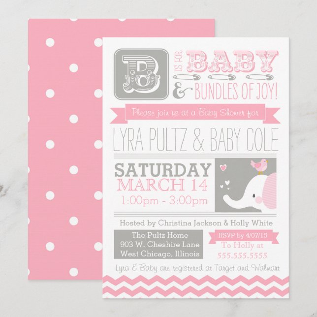 Invitation baby shower - Circus Elephant & Chevron (Devant / Derrière)