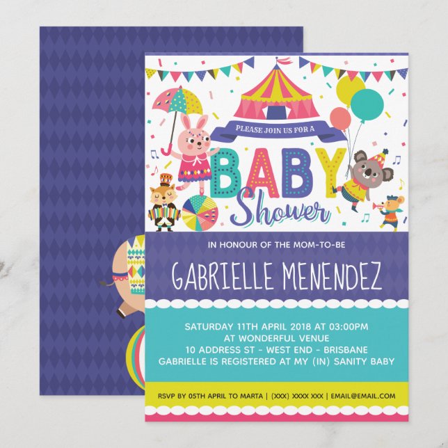 Invitation Baby shower Cirque neutre pour les femm (Devant / Derrière)