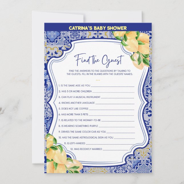 Invitation Baby shower Citron Carreaux Bleus - Nom modifiable (Devant)