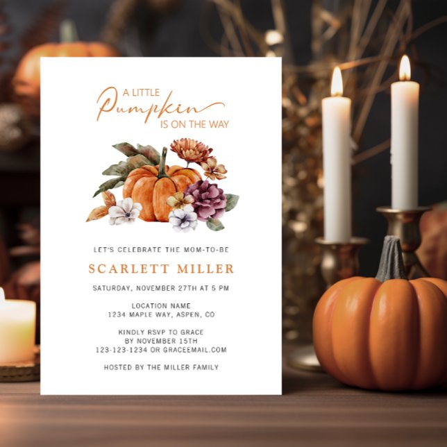 Invitation Baby shower citrouille (Cute A Little Pumpkin Is On The Way Fall and Autumn Baby Shower Watercolor Floral)