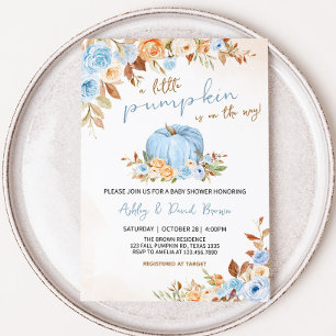 Invitation Baby shower Citrouille à fleurs à automne bleu