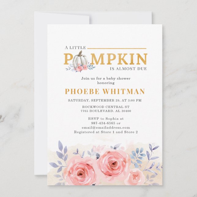 Invitation Baby shower citrouille Aquarelle Roses roses (Devant)