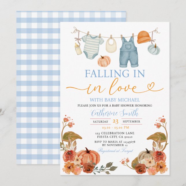 Invitation Baby shower Citrouille Bébé de la chute bleue (Devant / Derrière)