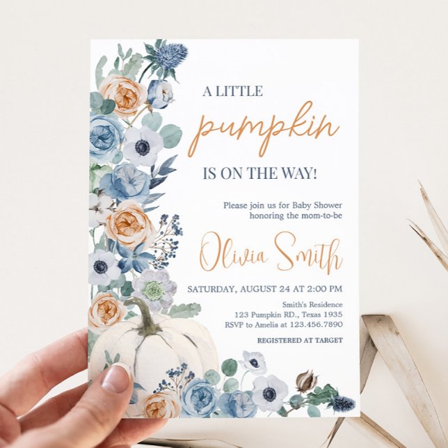 Invitation Baby shower Citrouille blanc bleu foncé (Blue Floral Pumpkin Baby Shower Invitation)