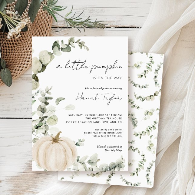 Invitation Baby shower Citrouille blanc de chute Eucalyptus (Créateur téléchargé)