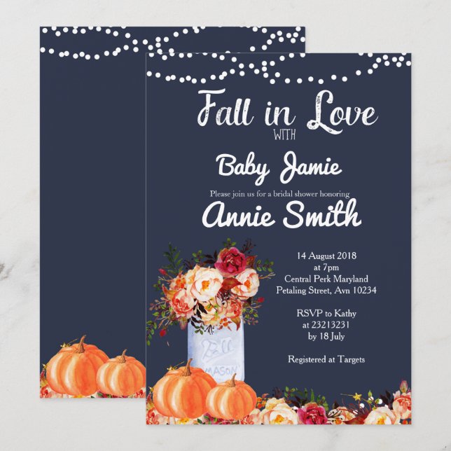 Invitation Baby shower Citrouille bleu marine (Devant / Derrière)