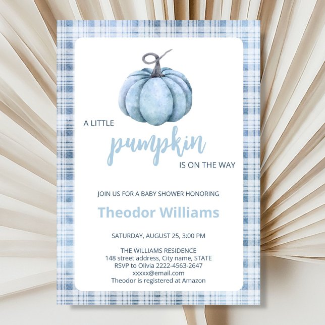 Invitation Baby shower Citrouille bleu | Thème aut (Little pumpkin minimalistic autumn fall blue boy baby shower invitation )