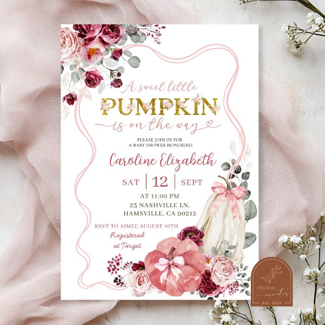 Invitation Baby shower Citrouille Blush et Burgundy Coquette (Créateur téléchargé)