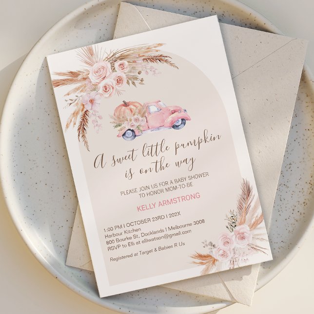 Invitation Baby shower Citrouille Boho Pink Floral Arch (Boho Floral Little Pumpkin Baby Shower Invitation Template, Fall Girls Pumpkin Truck Baby Shower )