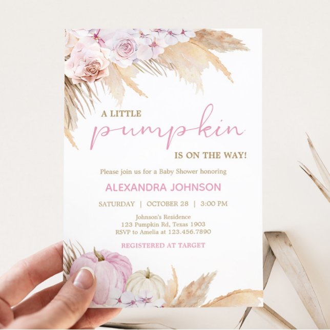 Invitation Baby shower Citrouille Boho rose (Boho Pumpkin Baby Shower Invitation)