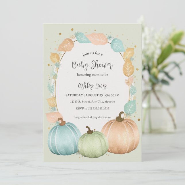 Invitation Baby shower citrouille d'automne (Debout devant)
