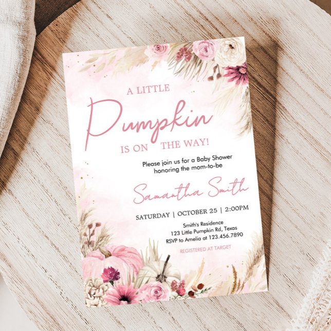 Invitation Baby shower Citrouille de Boho Rose (Pink Boho Autumn Fall Pumpkin Pampas Grass Baby Shower Invitation)