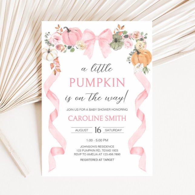 Invitation Baby shower Citrouille de Bow rose (Pink Bow Little Pumpkin Baby Shower Invitation)