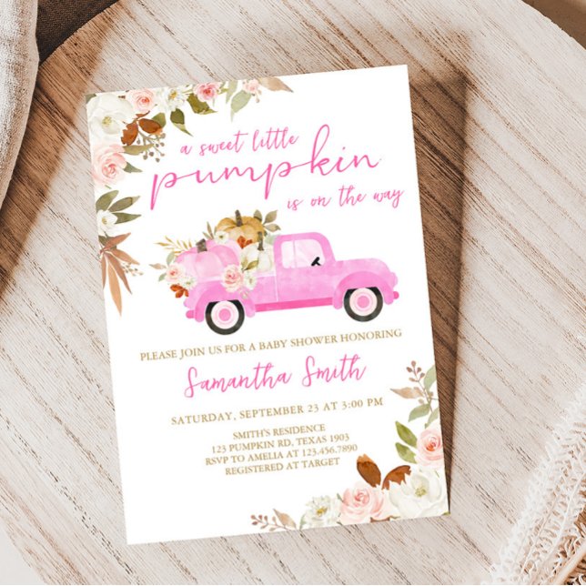 Invitation Baby shower Citrouille de camion rose (Fall Pumpkin Pink Truck Baby Shower Invitation)