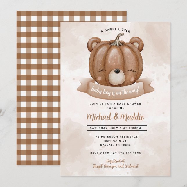 Invitation Baby shower Citrouille de l'ours des bo (Devant / Derrière)