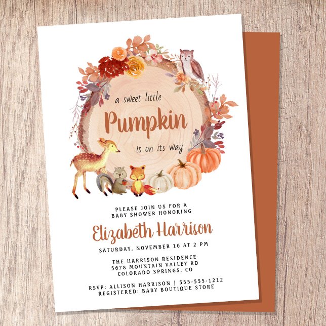 Invitation Baby shower Citrouille des animaux de bois mignons (Celebrate the upcoming arrival of your sweet little autumn baby with a pumpkin-themed baby shower)