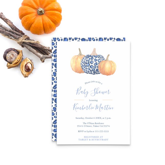 Invitation Baby shower Citrouille Empreinte de léopard Bleu E (Blue And White Leopard Print Pumpkins And Orange Pumpkins Baby Shower Party Invitation)