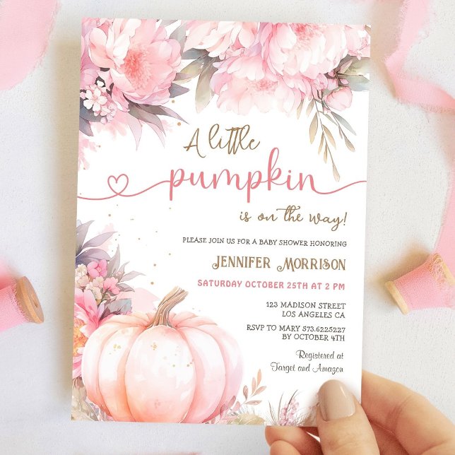 Invitation Baby shower citrouille Fille rose Floral Automne A (Créateur téléchargé)