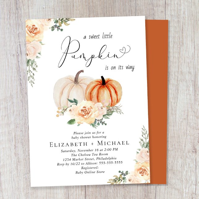 Invitation Baby shower citrouille Floral Aquarelle Couples (Celebrate the upcoming arrival of your sweet autumn baby with a pumpkin-themed couple's baby shower)