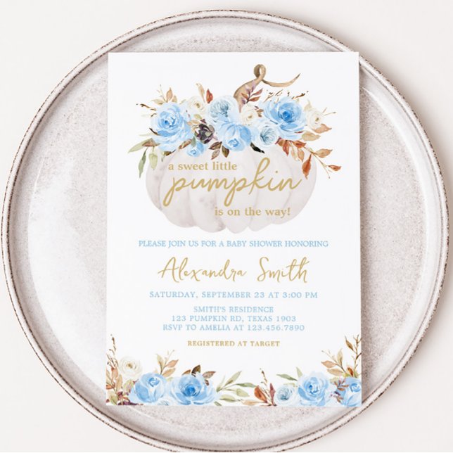 Invitation Baby shower Citrouille Floral bleu (Pumpkin Blue Floral Baby Shower Invitation)