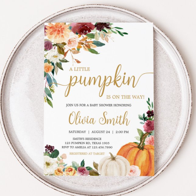 Invitation Baby shower Citrouille Floral Bourgogne (Pumpkin Baby Shower Invitation)