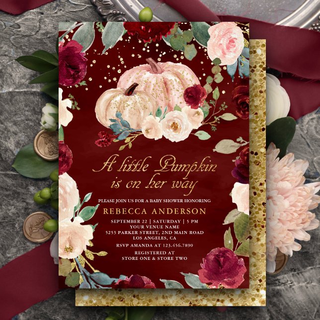 Invitation Baby shower Citrouille floral de Pêche d'or de Bou (Créateur téléchargé)