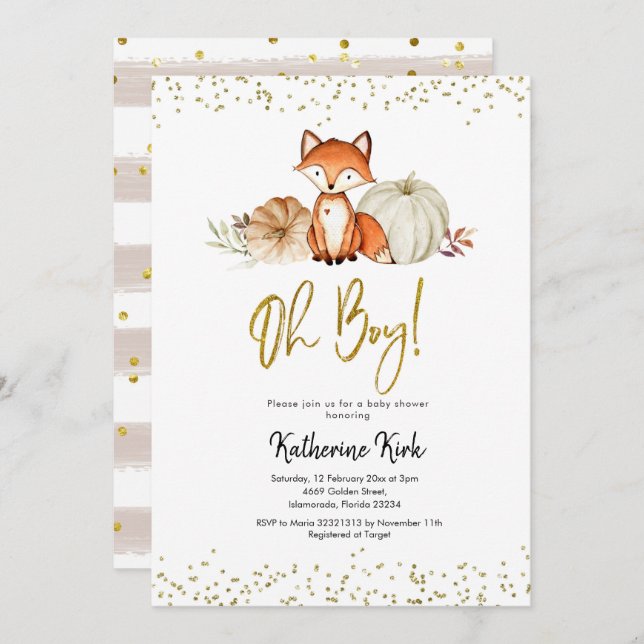 Invitation Baby shower Citrouille Fox Oh Boy Fall (Devant / Derrière)