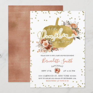 Invitation Baby shower Citrouille or et Floral Burnt Orange