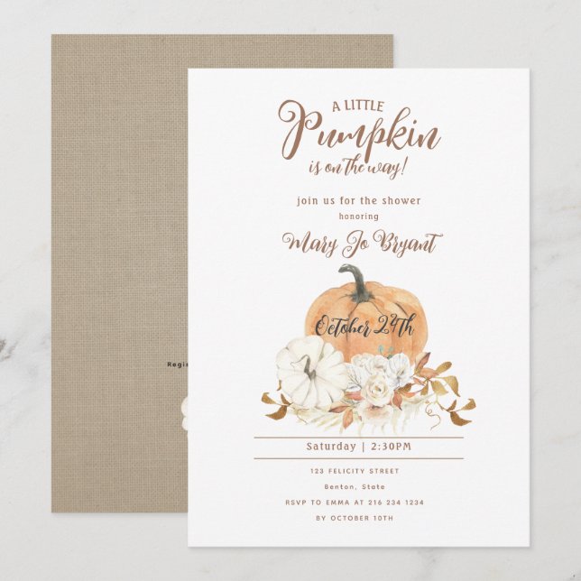 Invitation Baby shower Citrouille petit Citrouille et blanc (Devant / Derrière)