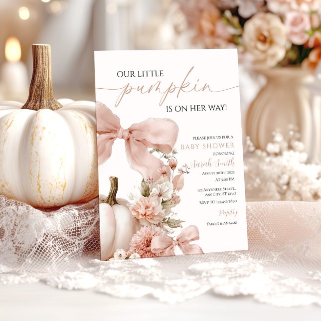 Invitation Baby shower Citrouille rose Bow floral (Créateur téléchargé)