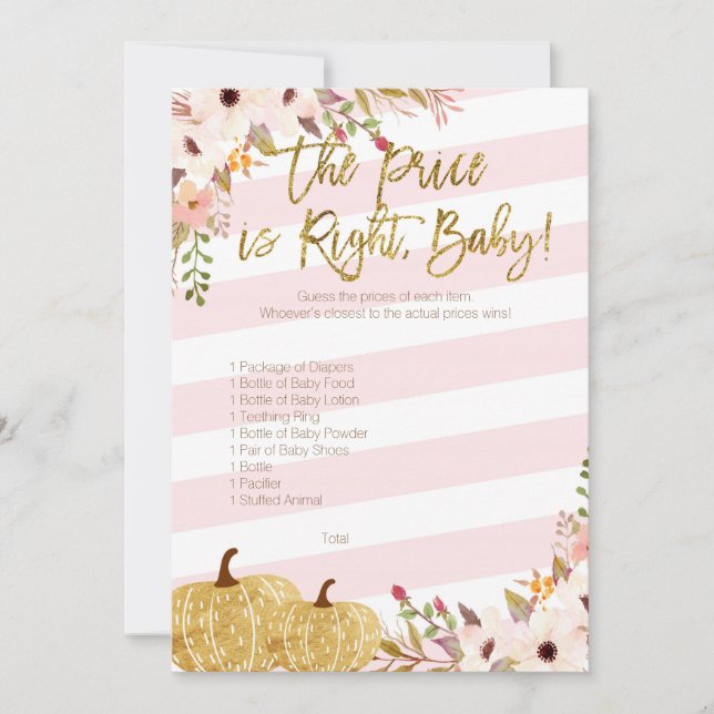 Invitation Baby shower Citrouille Rose Or Devinez Le Prix (Devant)