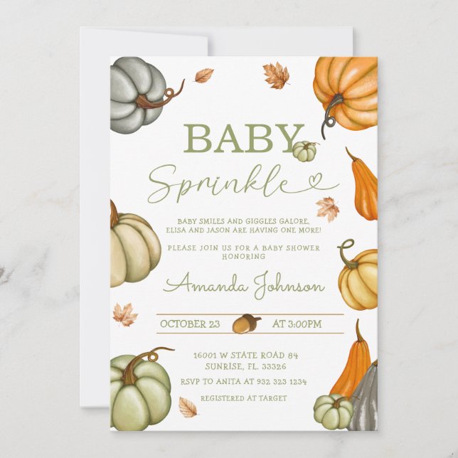 Invitation Baby shower Citrouille rustique Sprinkle Sage pour (Devant)