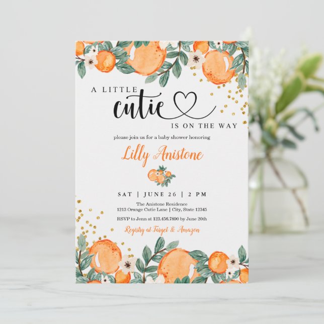 Invitation Baby shower Citrus Botanique Orange Little Cutie (Debout devant)