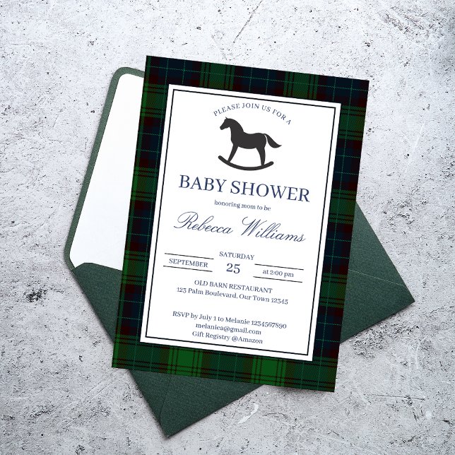 Invitation Baby shower classique à cheval vert plaid (Classic emerald green plaid vintage rocking horse baby shower invitation cards template)