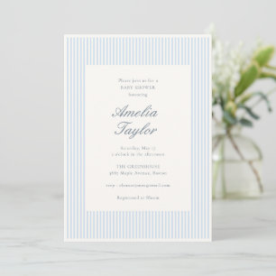 Invitation Baby Shower Classique Élégant Rayure Bleue Blanche
