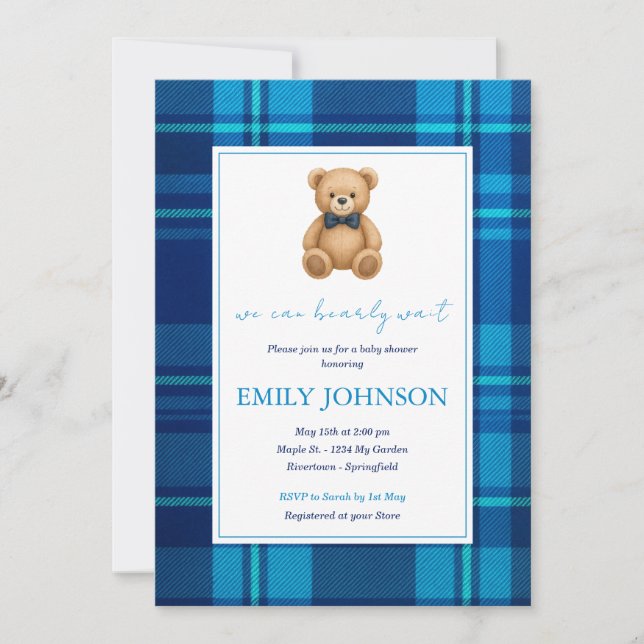 Invitation Baby shower classique Preppy Blue Plaid Teddy Bear (Devant)