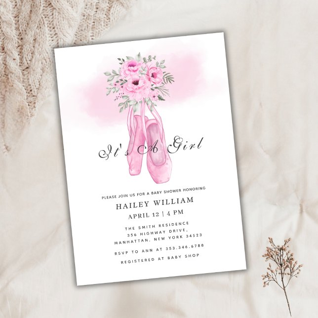 Invitation Baby shower classique rose floral Ballerina Chauss (Classic Pink Floral Ballerina Shoes Baby Shower Invitation)