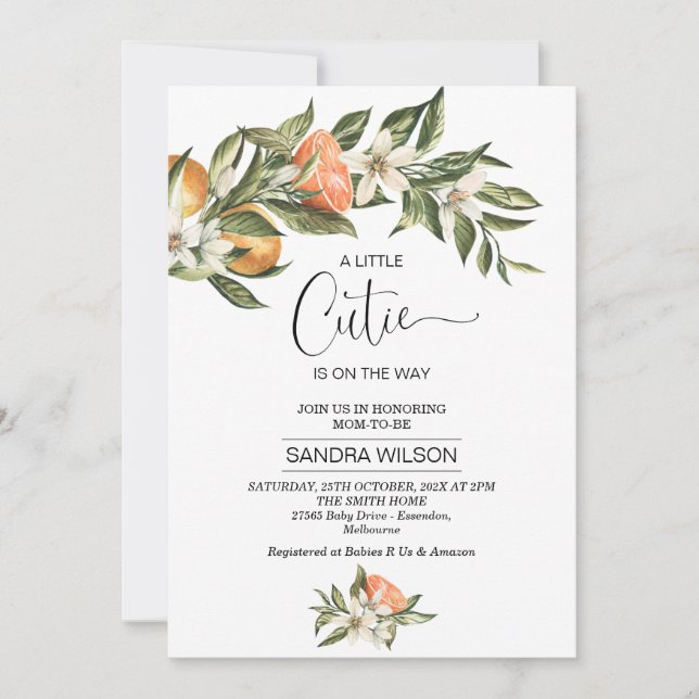 Invitation Baby shower Clementine Little Cutie à fleurs blanc (Devant)