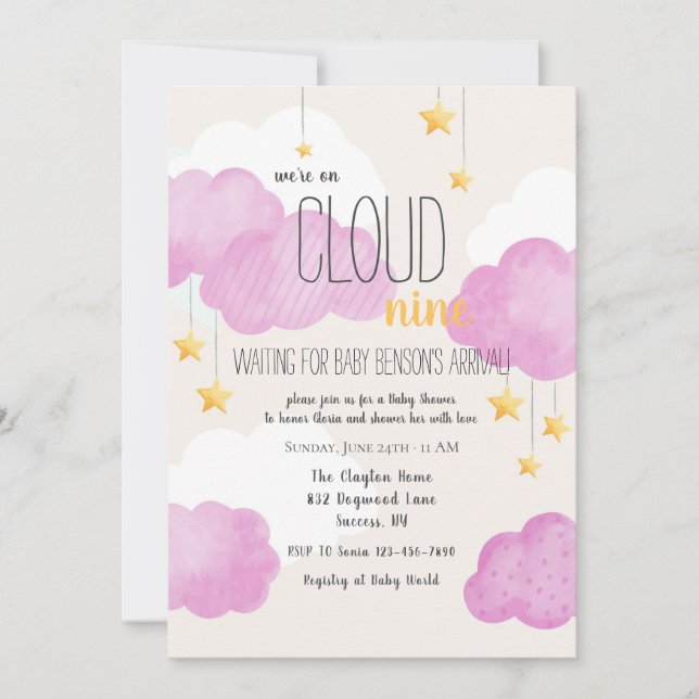 Invitation Baby shower Cloud 9 en rose (Devant)