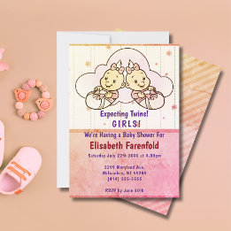 Invitation Baby shower Cloud Twin Girls Retro attendu
