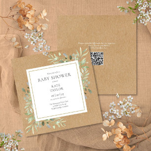 Invitation Baby Shower Code QR Greenery Kraft Rustique Neutre