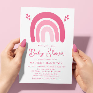 Invitation Baby shower Coeurs roses et arcs-en-ciel