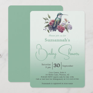 Invitation Baby Shower Colibri et Fleurs Vert Ombre