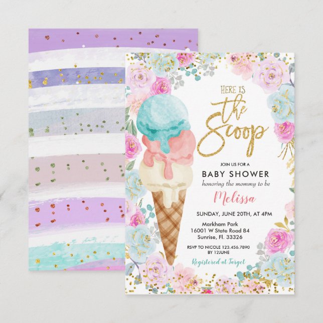 Invitation Baby shower coloré crème glacée Pastel Fleurs (Devant / Derrière)