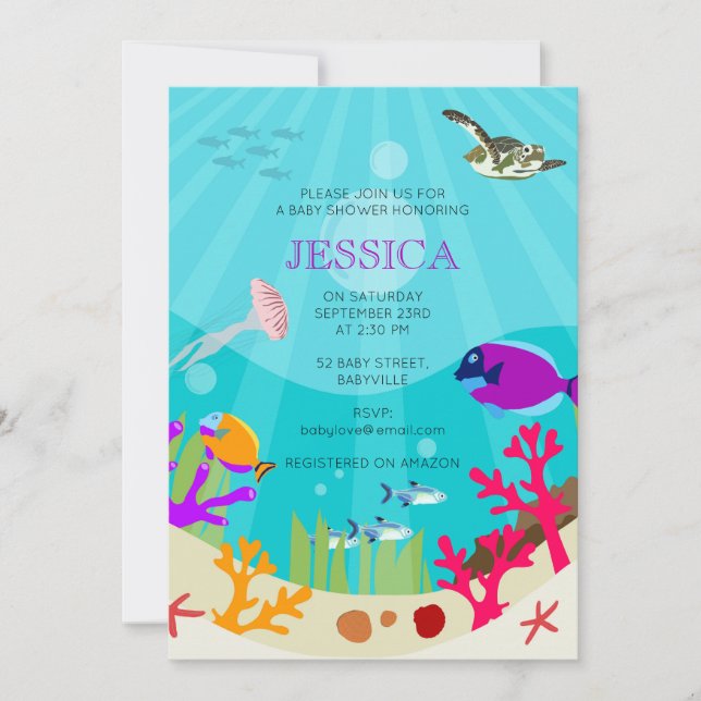 Invitation Baby shower coloré d'animaux marins (Devant)