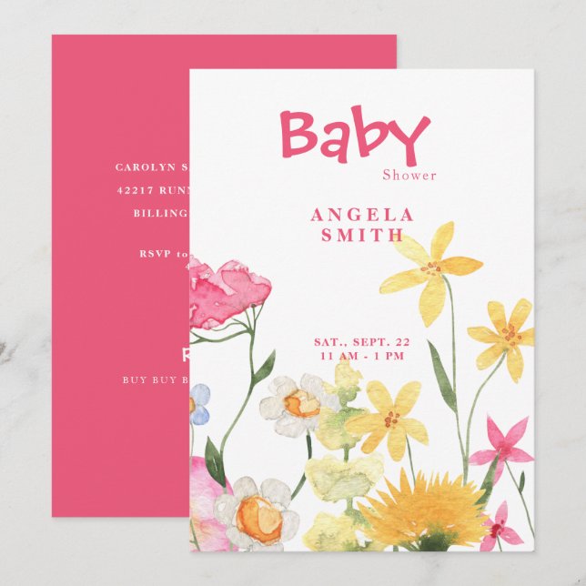 Invitation Baby shower coloré Fleur sauvage doux (Devant / Derrière)