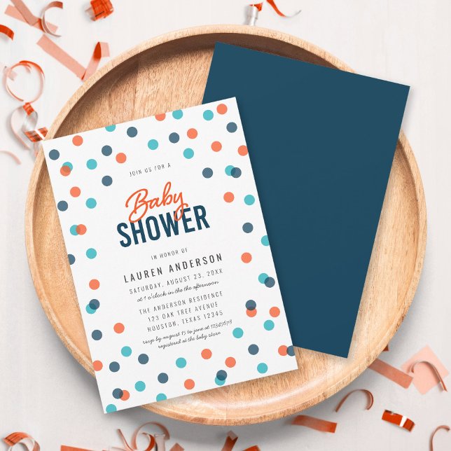 Invitation Baby shower Confetti bleu foncé orange (Créateur téléchargé)