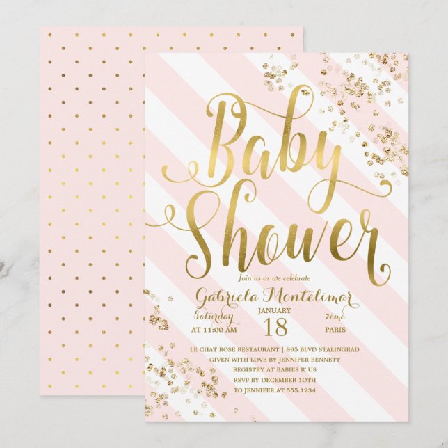 Invitation Baby shower Confetti de Parties scintillant d'or r (Devant / Derrière)