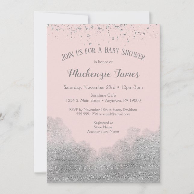 Invitation Baby shower Confetti en argent rose (Devant)