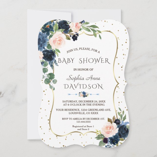 Invitation Baby shower Confetti Parties scintillant or bleu r (Devant)